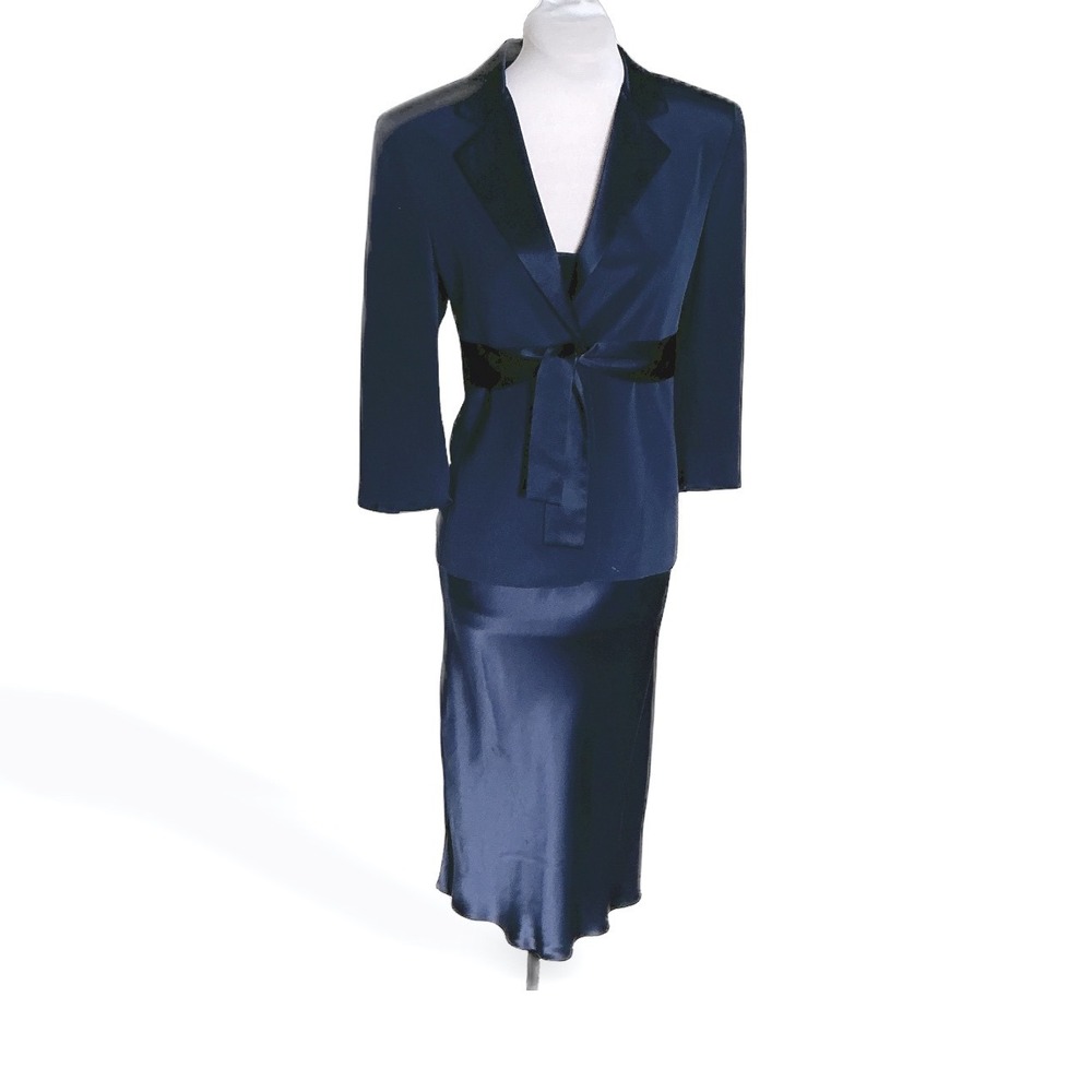 Sylvia Heisel 100% Silk 2pc Set Navy Bias Slip Dress & Tie Jacket Minimalist Lux